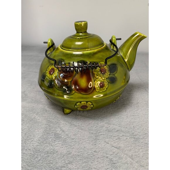 Vintage Green Ceramic Teapot with Floral Relief & Wire Handle 1970s - Picture 9 of 10